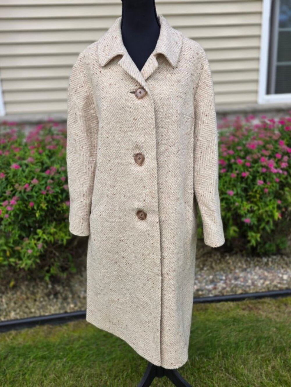 Vintage 60s 70s ILGWU Herringbone Tweed Long Coat Cream M L